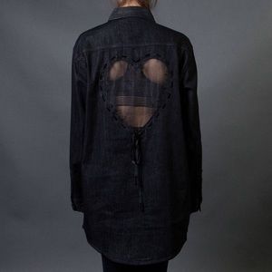 LAZY OAF Sheer Heart Denim Shirt Tunic Dress M/L